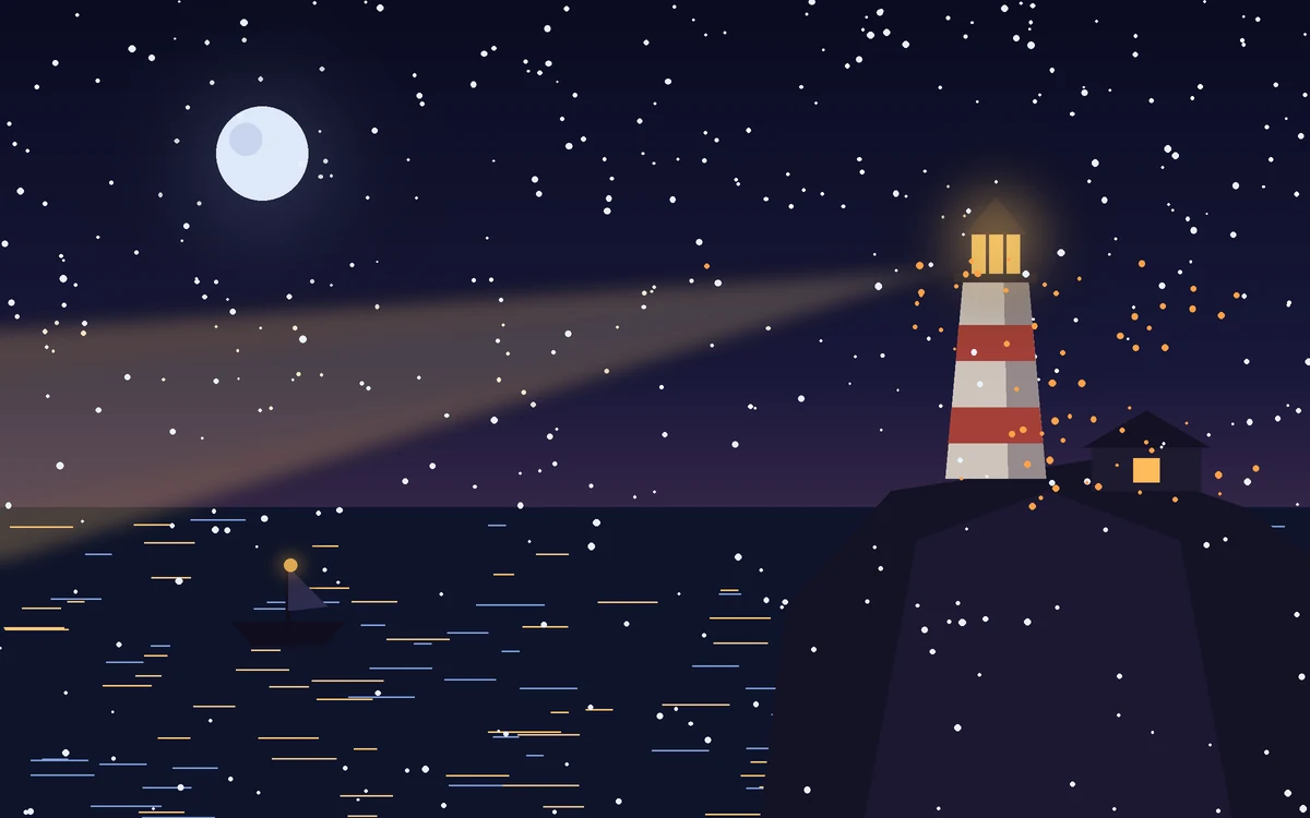 A lighthouse on a snowy cliff sweeps its warm beam across a dark winter sea toward a small boat