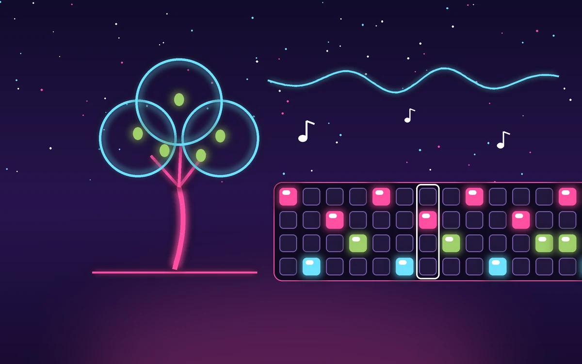A neon olive tree glowing pink and cyan beside a lit-up 16-step drum sequencer under a starry sky