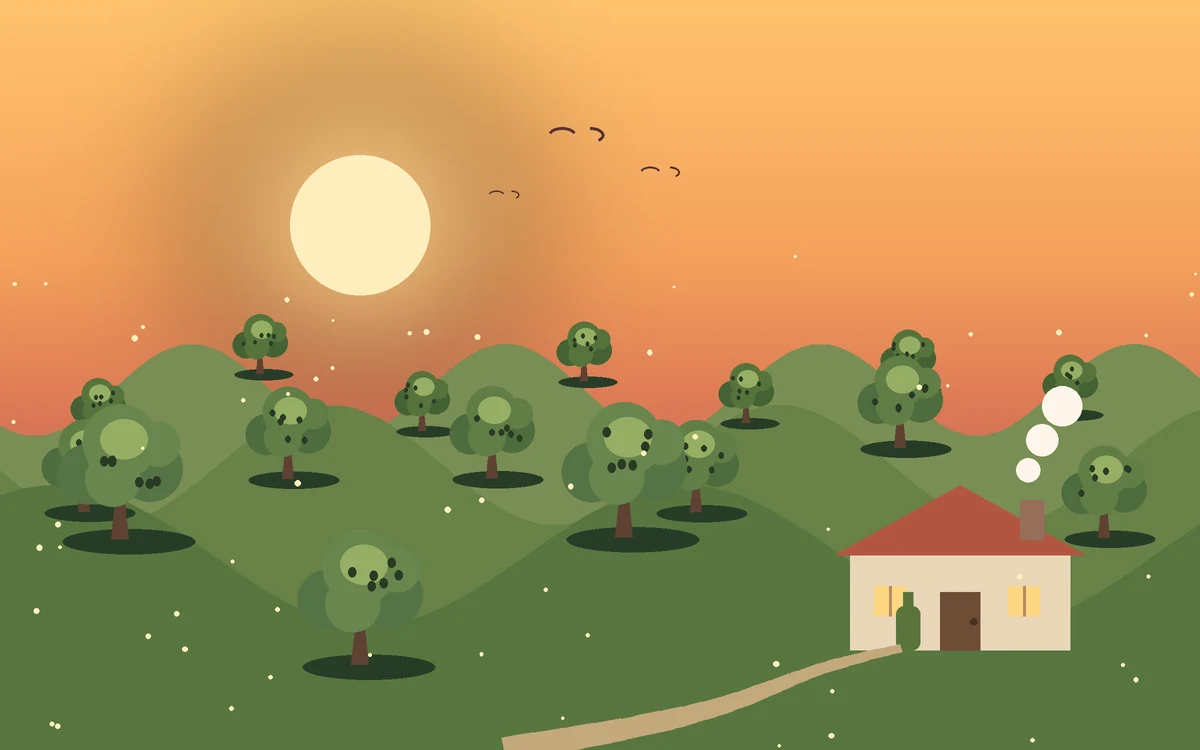Rows of olive trees on rolling hills at golden hour, with a farmhouse press and a winding dirt path