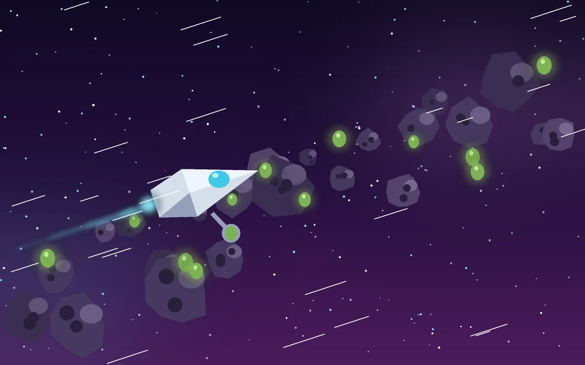 A salvage ship trailing blue engine light dashes through a purple asteroid belt dotted with glowing olives