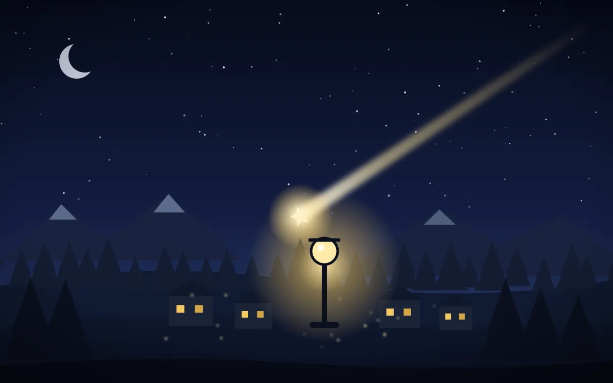 A falling star streaks across a night sky toward a glowing lamp post standing over a small village with warm-lit windows