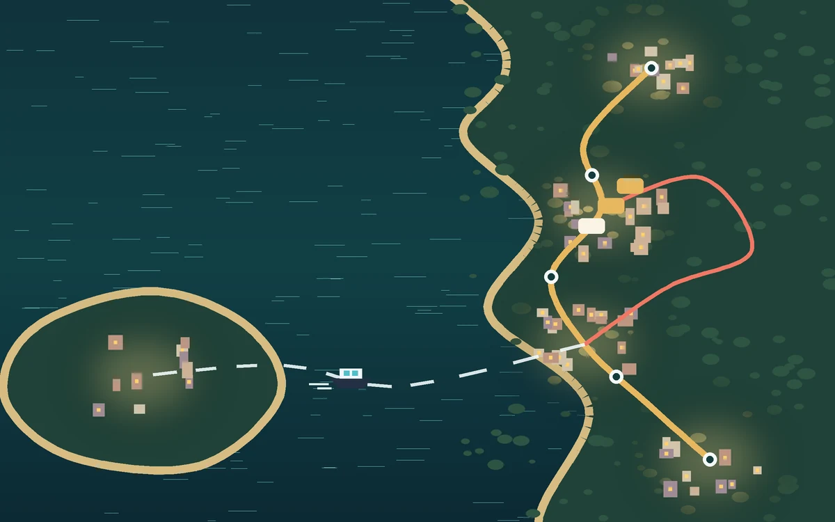 A map of a coastal region with glowing towns linked by rail and bus lines and a dashed ferry route to an island
