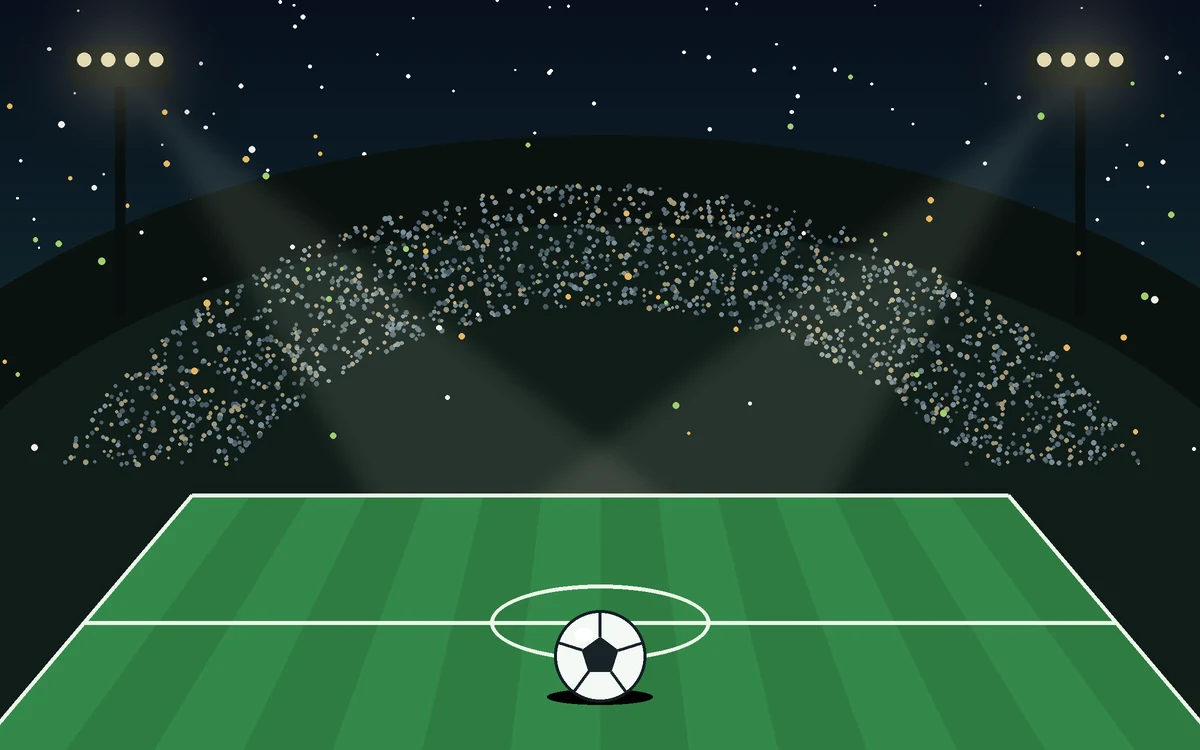 A night match in a packed stadium — floodlights blazing over the pitch and a ball at the centre spot